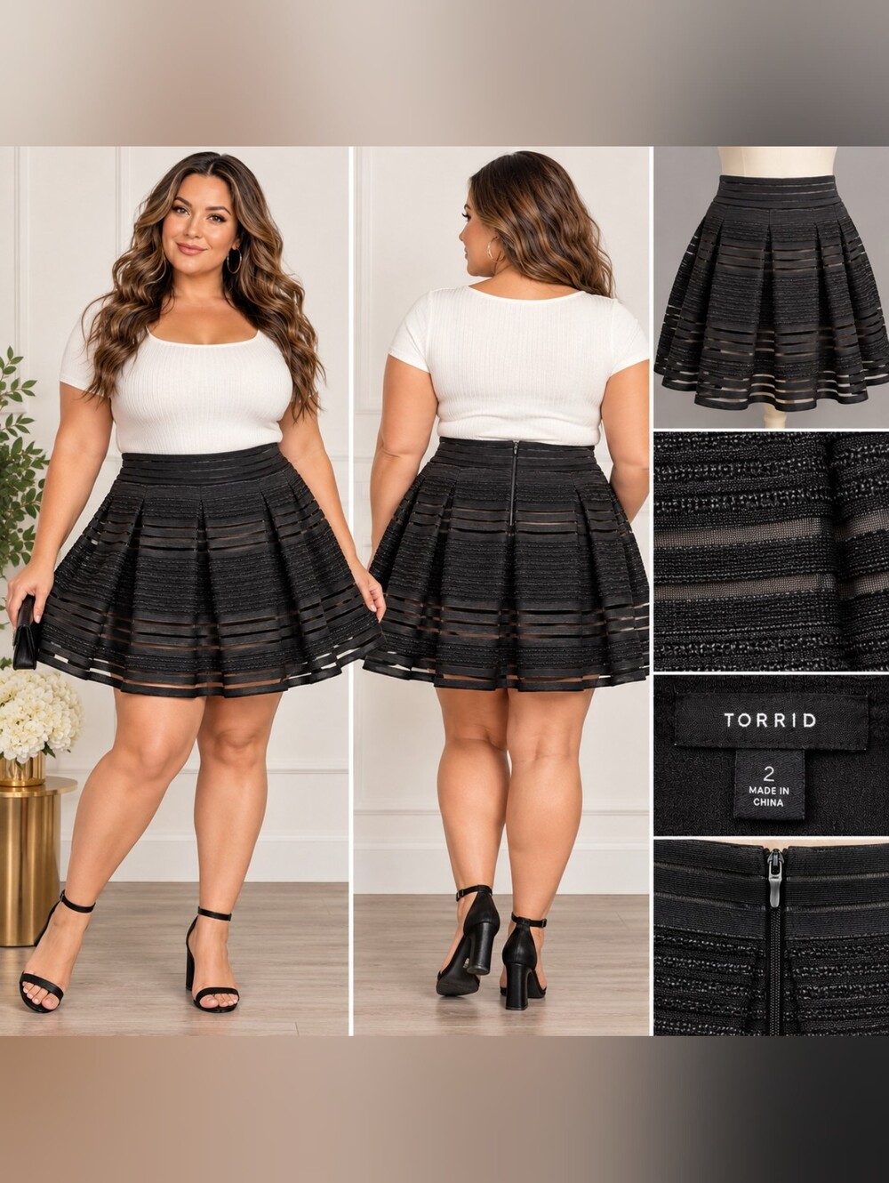 Torrid Skater Skirt Womens 2 18 20 Black Sheer Stripe Pleated Fit Flare Plus